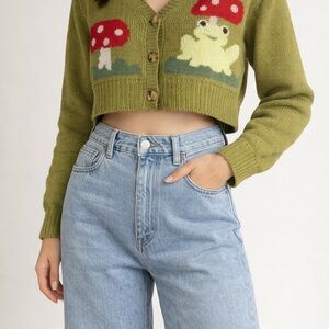 Green Cropped Cardigan with Mushroom Design Size small